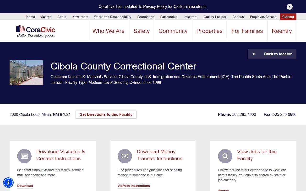 Cibola County Correctional Center custody search source page