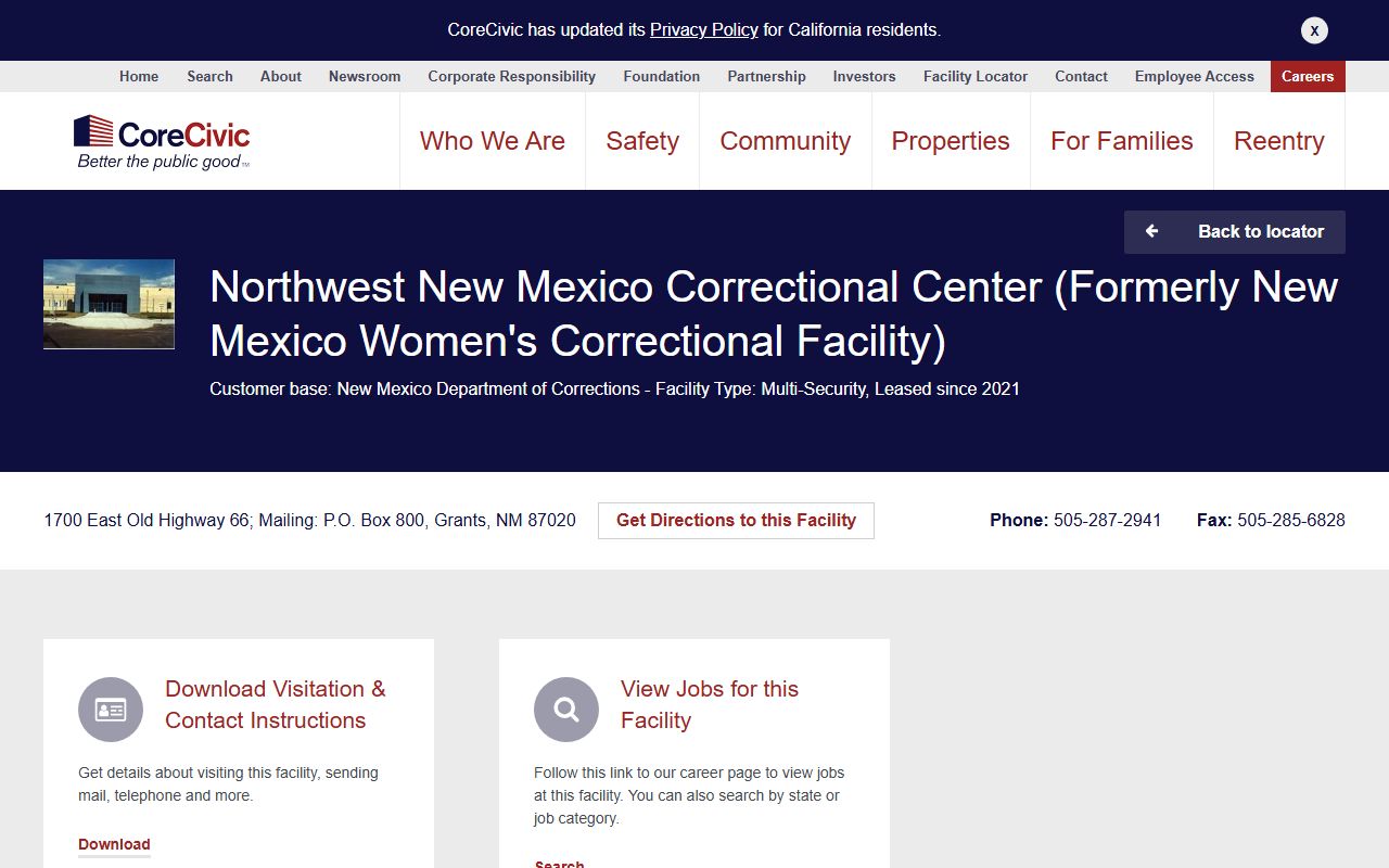 Northwest New Mexico Correctional Center state prison inmate lookup source page